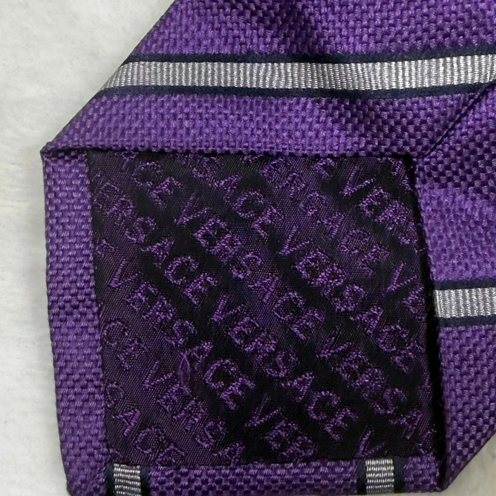 Versace Mens Purple Silk Necktie Silver Striped Medusa Head Logo Made in Italy